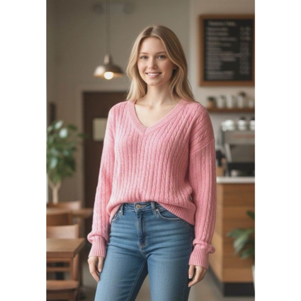 Talbots NEW womens v-neck 100% pima cotton cable knit pale pink sweater Large